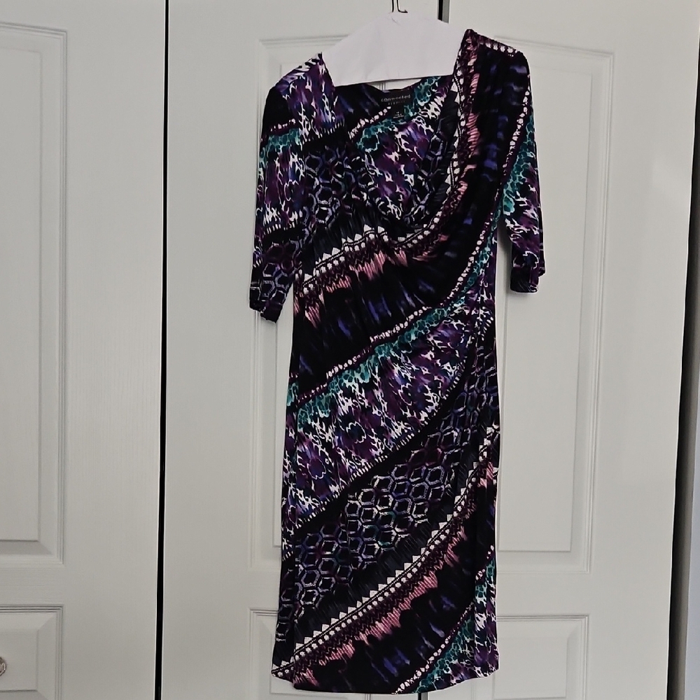 Purple Patterned Midi Dress with Draped Neckline